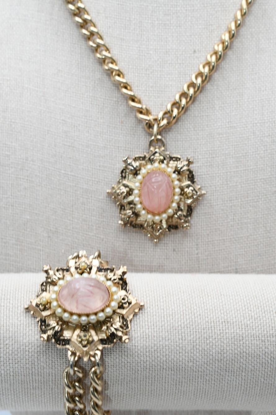 Vintage Scarab Necklace Bracelet Set Faux Pearl Egyptian Revival Gold